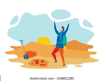 Successful Archaeologist Flat Vector Character. Archeological Achievement, Ancient Culture and Civilization Exploration. Young Historian Found Artifacts and Antique Amphora Cartoon Illustration