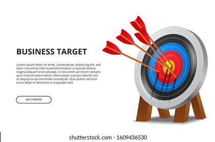 Successful archery arrow on 3D target board. business goal achievement illustration concept. poster banner template