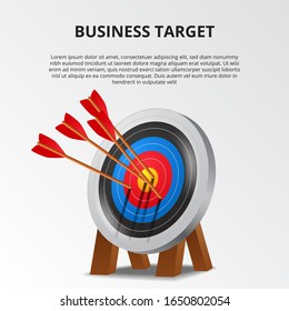 Successful archery arrow on 3D target board. business goal achievement illustration concept. poster banner template