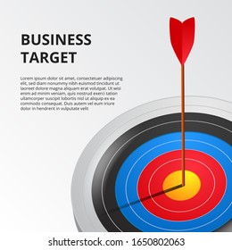 Successful archery single arrow on 3D target board. business goal achievement illustration concept. poster banner template