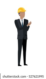 Successful architect standing and clapping hands. Man in black suit and yellow helmet. Building manager. Investor in expensive cloth and classical shirt. Cartoon style in flat design. Vector