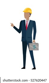 Successful architect is standing and holding a bag of money in his hands. Man in black suit and yellow helmet. Red tie. Case with dollars. Cartoon style. Chef investor businessman. Flat design. Vector