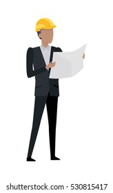 Successful architect standing and holding a big blueprint in his hands. Man in black suit and yellow helmet is looking at paper. Planning new project. Simple cartoon style. Front view. Vector
