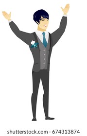 Successful asian bridegroom jumping with raised arms up. Full length of young happy bridegroom jumping in the air and celebrating success. Vector flat design illustration isolated on white background.