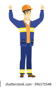 Successful asian builder in hard hat and workwear standing with raised arms up. Happy builder celebrating success and giving thumbs up. Vector flat design illustration isolated on white background.