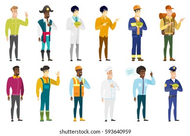 Successful asian builder holding money. Excited builder standing with money in hands. Full length of smiling builder with money. Set of vector flat design illustrations isolated on white background.