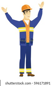 Successful asian builder jumping with raised arms up. Full length of young happy builder jumping in the air and celebrating success. Vector flat design illustration isolated on white background.