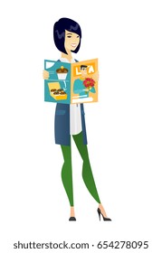 Successful asian business woman reading a magazine. Young business woman holding a magazine.Full length of business woman with magazine. Vector flat design illustration isolated on white background.