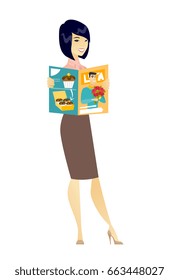 Successful asian business woman reading magazine. Young business woman holding a magazine. Full length of business woman with a magazine. Vector flat design illustration isolated on white background.