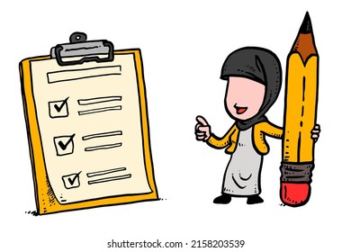 Successful asian business worker holding a pencil looking at completed checklist. Cartoon vector illustration design on lisolated white background