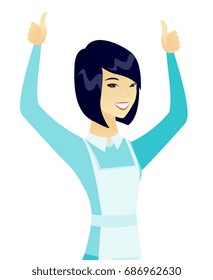 Successful asian cleaner standing with raised arms up. Successful cleaner giving thumbs up. Young female cleaner celebrating success. Vector flat design illustration isolated on white background.