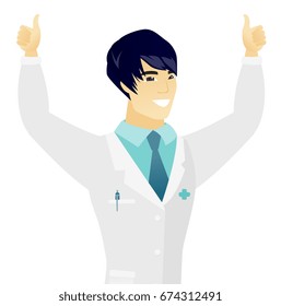 Successful asian doctor standing with raised arms up. Successful happy doctor giving thumbs up. Young smiling doctor celebrating success. Vector flat design illustration isolated on white background.