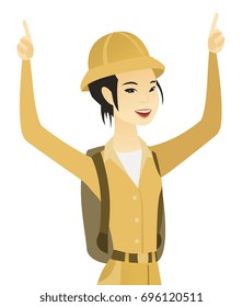 Successful asian female traveler standing with raised arms up. Young happy female traveler celebrating with raised arms up. Vector flat design illustration isolated on white background.