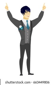 Successful asian groom in a wedding suit standing with raised arms up. Full length of young groom celebrating with raised arms up. Vector flat design illustration isolated on white background.