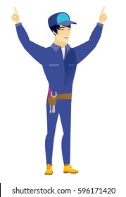 Successful asian mechanic standing with raised arms up. Full length of young happy mechanic celebrating with raised arms up. Vector flat design illustration isolated on white background.