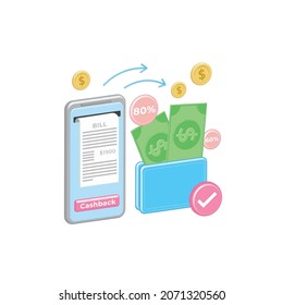 Successful Bank Transaction With Check, Invoice, Checkmark On Internet. Money Transfer 3d Gold Coins From Smartphone. Cash Back To Voluminous Wallet. Return Of Online Finances, Funds. Bonus System.