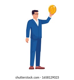 Successful banker semi flat RGB color vector illustration. Investment manager with golden coin isolated cartoon character on white background. Company assets and income increase income
