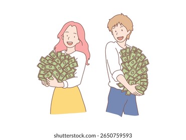 Successful banking, finance concept. Happy people hold piles of money win lottery get jackpot in game. Smiling man and woman with cash stacks, receive investment. Hand drawn style vector design