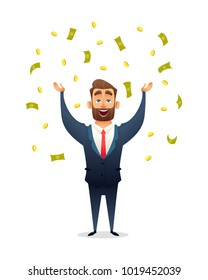 Successful beard businessman character celebrates success, standing under money rain banknotes and coins. Cash falling on happy business man. Business concept of success, achievement, wealth.