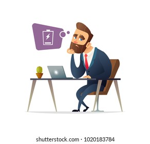 Successful beard businessman character feeling exhausted. Tired manager sitting at working place with computer in office. Business concept. Business concept illustration