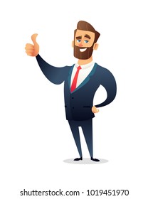 El exitoso personaje de hombre de negocios de barba da un empujón hacia arriba. Un hombre exitoso, Sonreír, acuerdo con los dedos. Ilustración del concepto empresarial