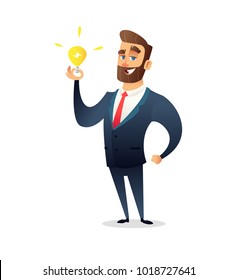 Successful beard businessman character holding light bulb. Big idea concept. Symbol of having business inspiration