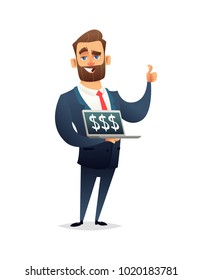 Successful beard businessman character holding laptop notebook and showing the thumb up. Dollar on the screen. Business concept illustration
