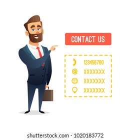 Successful beard businessman character or manager pointing finger o the button with the inscription contact us. Template for your contact inforvation. Business concept illustration