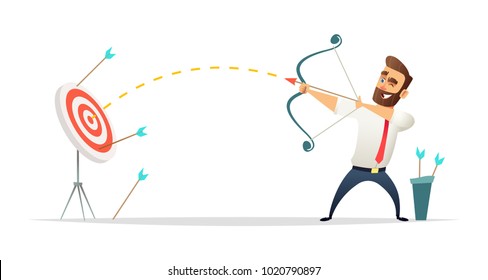 Successful beard businessman character shoots or aiming at the target. Business concept illustration