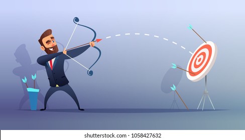 Successful beard businessman character shoots or aiming at the target. Business concept illustration.