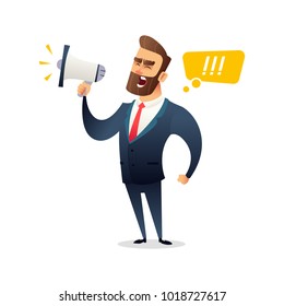 Successful beard businessman character shouting through loud speaker. Leadership speech. Business concept illustration.