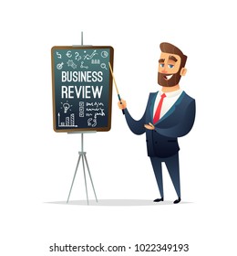 Successful beard businessman character showing business project report, year end summary concept. Business concept illustration