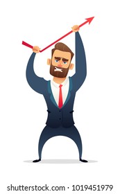 Successful beard businessman character in suit increasing sales. Manager bends up sales curve. Business concept illustration.