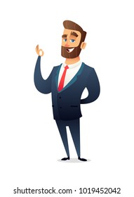 Successful beard businessman character in suit showing ok sign. Business concept illustration