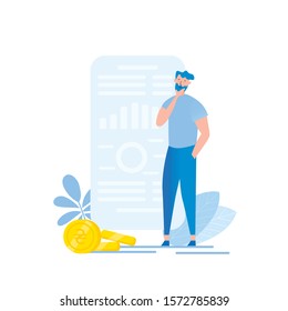 
Successful beard businessman character thinking. Thinking man near mobile phone with diagrams and coins. Mobile design concept illustration. Expenses statistic screen 