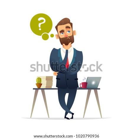 Successful beard businessman character thinking. Thinking man surrounded by question mark. Business concept illustration