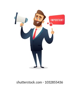 Successful bearded businessman or manager say something special in loudspeaker. Man in a business suit says something important. Business concept illustration