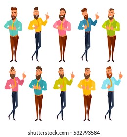 Successful bearded men standing. Showing approving gesture thumbs up, pointing up his finger. Funny cartoon hipsters, managers, startupers. Stylish guys with beard. Colorful illustration isolated set.