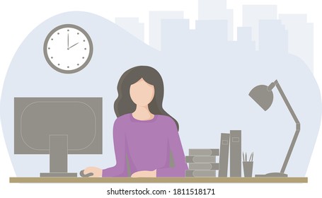 A successful beautiful woman at work. Comfortable workplace with a table, computer and necessary things for business. Vector flat design