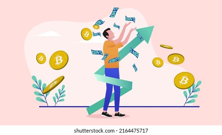 Successful Bitcoin investor - Man making money investing in crypto currencies, throwing cash in air and green arrow pointing up. Flat design vector illustration