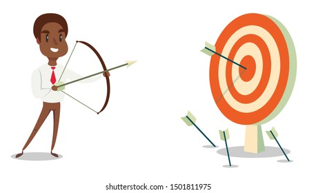 Successful black african american businessman character shoots or aiming at the target. Business concept illustration