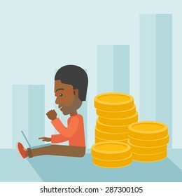 A successful black businessman sitting with pile of gold at his back nand a laptop on his lap. Winner concept. A contemporary style with pastel palette soft blue tinted background. Vector flat design