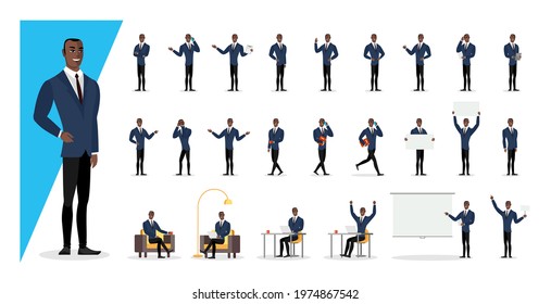 Successful Black Colored Businessman In Blue Suit Showing Gestures And Emotions In Different Poses. Office African American Business Man Character. Male Person Standing, Sitting, Walking Set