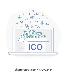 Successful Blockchain ICO vector illustration. Full box of money. Initial coin offering, IT startup crowdfunding vector concept. Flat outline icon, business template.