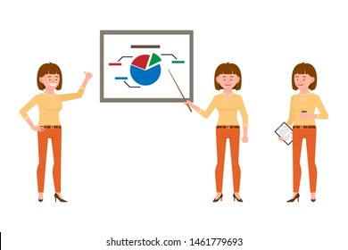 Successful, brown hair young business woman in orange pants vector illustration. Standing side view, making presentation, reporting, drinking coffee girl cartoon character set
