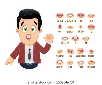 Successful brunet businessman in red suit jacket shows to set of mouth, teeth positions. Lip sync emotions collection. Can be used for animation. Cartoon vector illustration isolated on white.