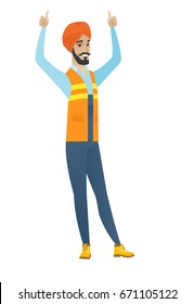Exitosa constructora con pañuelo en la cabeza y ropa de trabajo de pie con los brazos levantados. Joven constructor celebrando el éxito y dándole el pulgar hacia arriba. Ilustración de diseño plana vectorial aislada en fondo blanco.