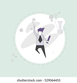 Successful Busines Man With New Idea Light Bulb Thin Line Vector Illustration