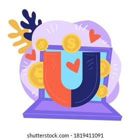 Successful business and achievements in projects. Magnet attracting money, gold coins and likes, decorative flora. Winning strategy on targeting or marketing, advertisement vector in flat style