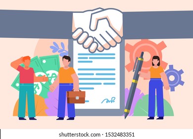 Successful business agreement, document sign. Group of people stand near big document. Poster for social media, web page, banner, presentation. Flat design vector illustration